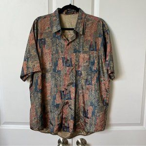Vintage T.Corner Thai Silk Tan Blue Abstract Short Sleeve Button Down Shirt